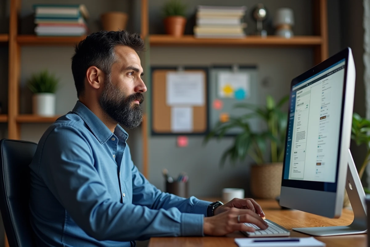 Homme avec barbe vérifiant ses emails dans un bureau à domicile chaleureux