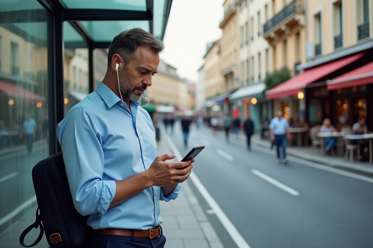 Homme lisant les actualités sur son smartphone dans la rue