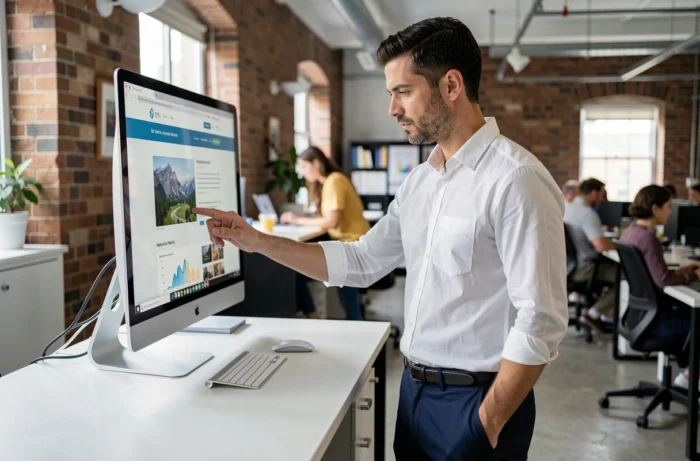 Homme consultant les mentions légales d'un site de parentalité sur un grand écran dans un espace de coworking