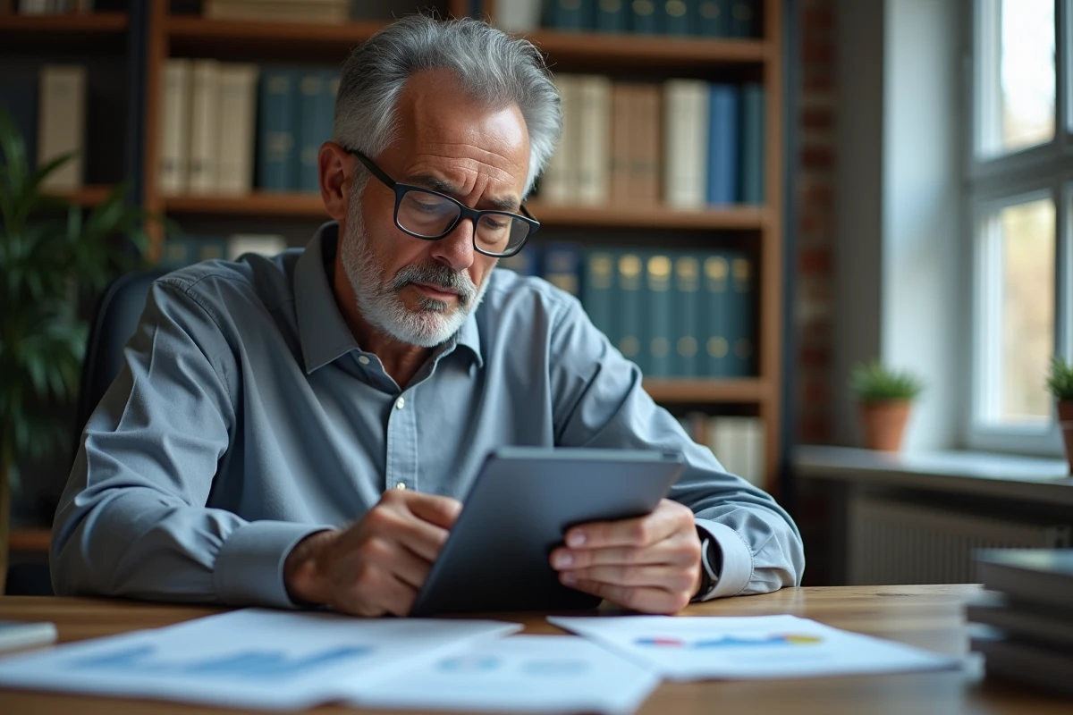 Homme âgé examine des documents et plans d