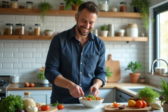 Homme préparant un repas sain et équilibré dans une cuisine moderne pour améliorer son quotidien et son bien-être