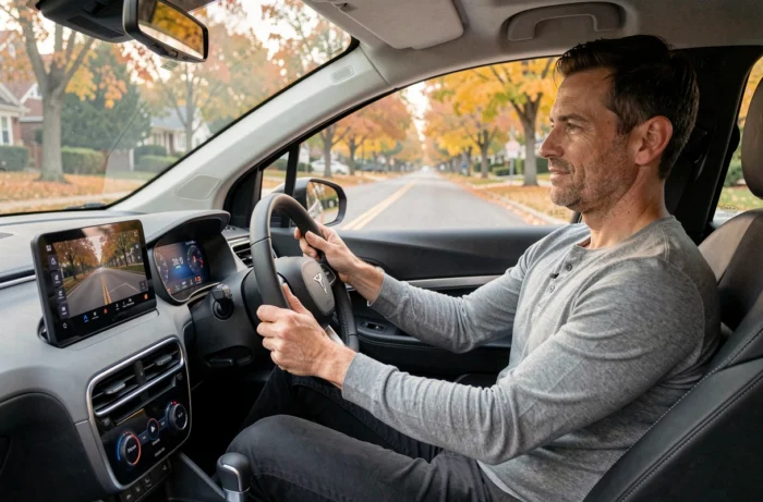 Homme au volant d'une voiture électrique lors d'un essai routier en banlieue