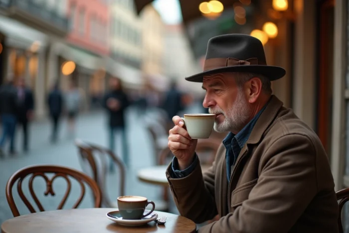 Homme portant un chapeau fedora en feutre avec épingle décorative dans un café en plein air européen