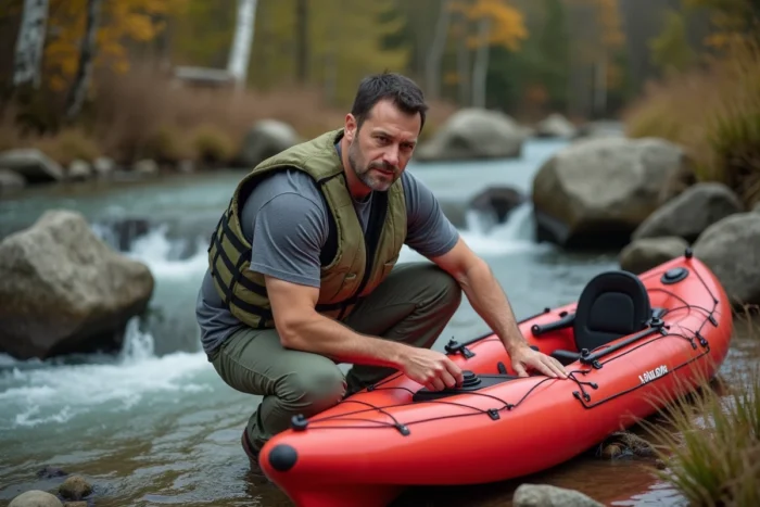 Homme inspectant la valve de son kayak gonflable Sevylor Tahiti Plus au bord d'une rivière rocheuse en automne
