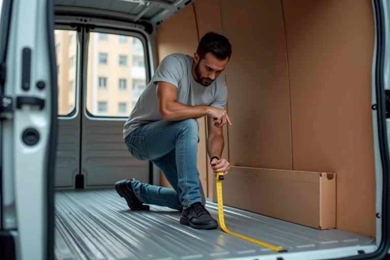 Homme mesurant l'intérieur d'un camion de déménagement vide