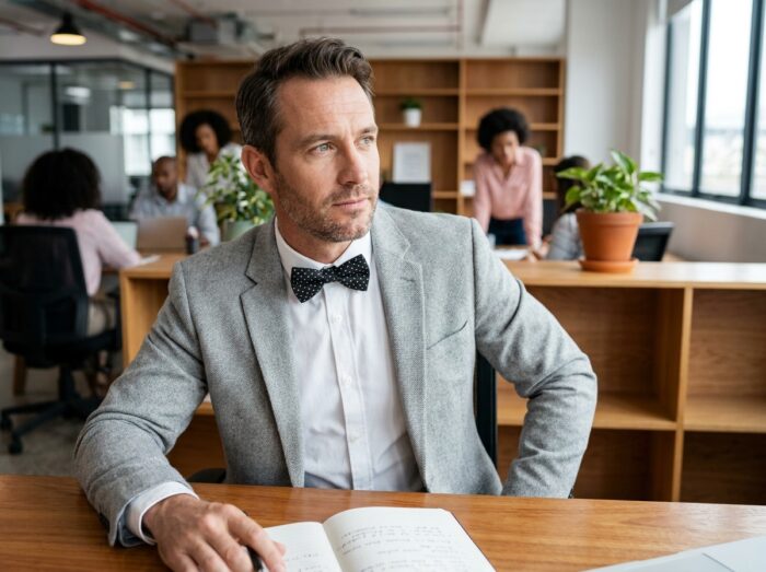 Homme en blazer gris et nœud papillon à pois assis à un bureau moderne, look professionnel et naturel