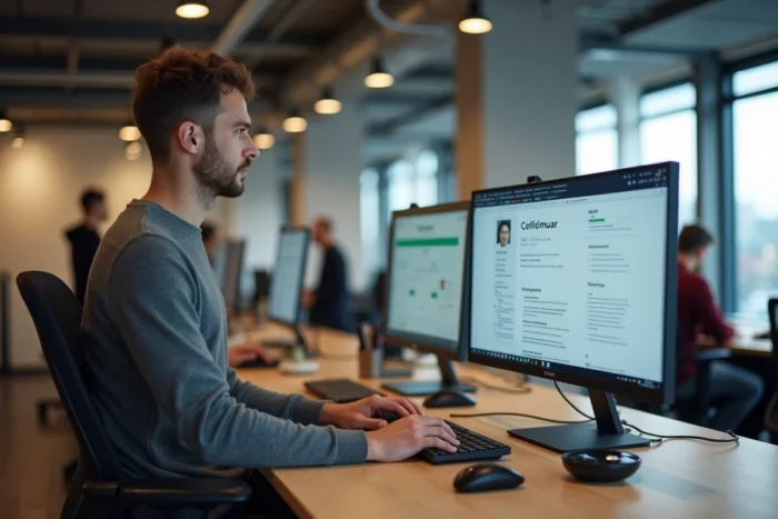 Homme en coworking rédigeant la section compétences informatiques de son CV sur un grand écran