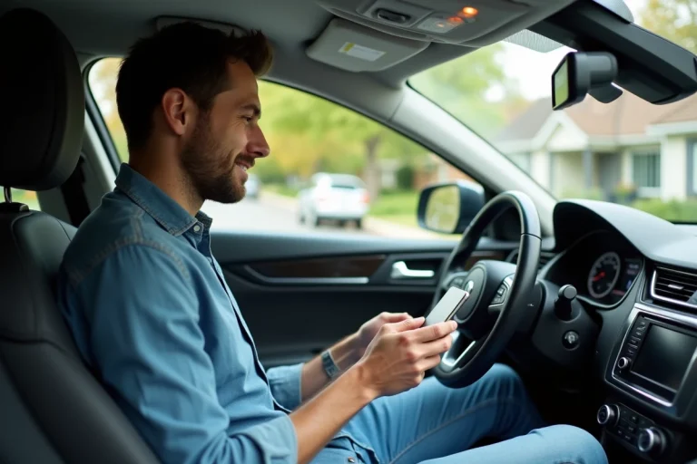 Homme en voiture moderne utilisant son smartphone