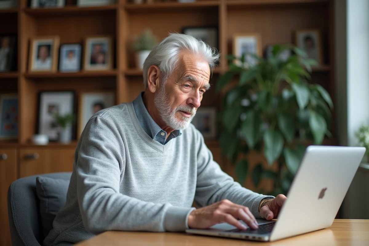 Homme senior travaillant sur un ordinateur dans le salon chaleureux
