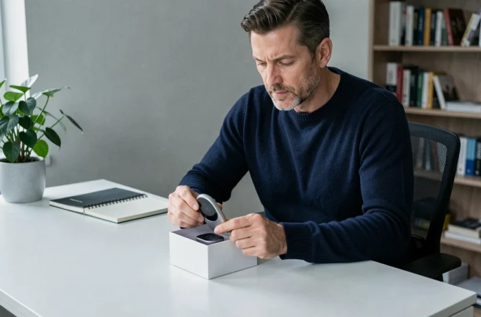 Homme évaluant une nouvelle technologie tendance dans un bureau à domicile moderne et épuré