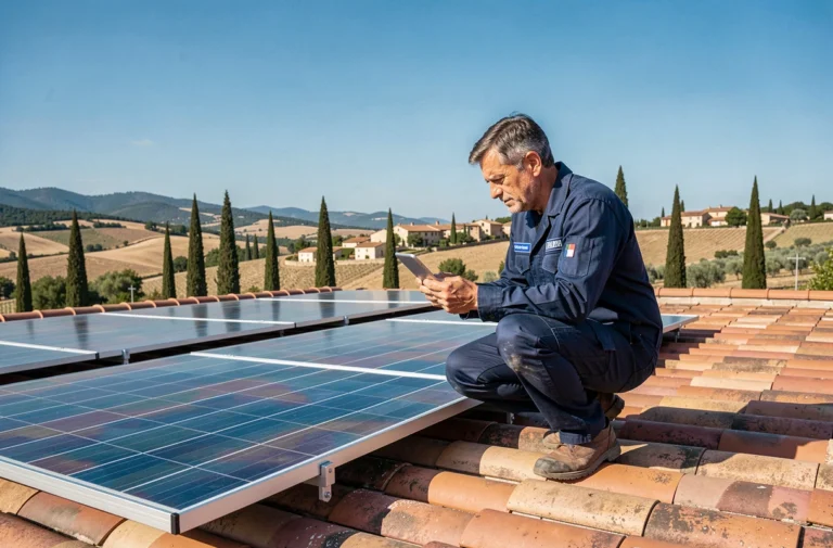 Technicien installant des panneaux solaires sur un toit en tuiles en Provence dans le Var
