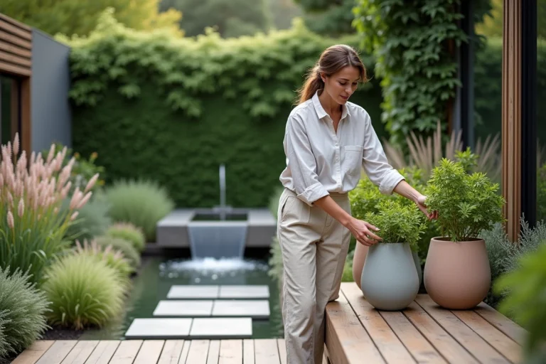 Femme arrangeant des pots en céramique dans un jardin moderne