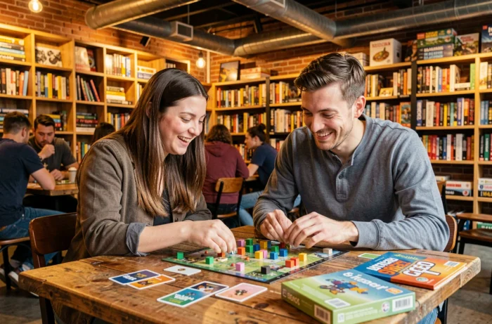 Deux amis jouant à un jeu de société dans un café ludique urbain, loisir convivial populaire en 2024