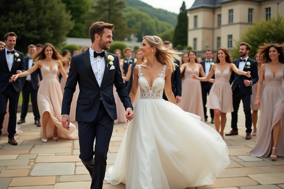 Jeune couple marié avec amis lors d