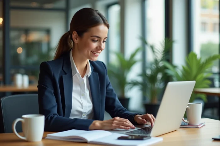 Jeune femme professionnelle travaillant sur son ordinateur dans un bureau moderne