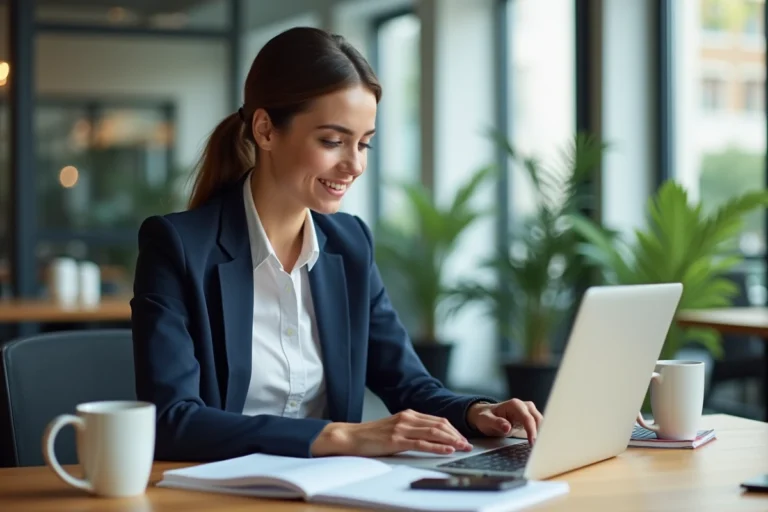 Jeune femme professionnelle travaillant sur son ordinateur dans un bureau moderne
