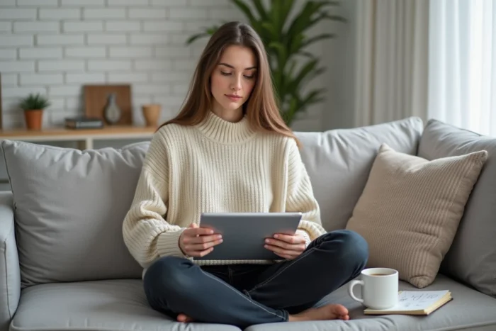 Jeune femme consultant son CV numérique sur tablette pour mettre en valeur ses compétences informatiques