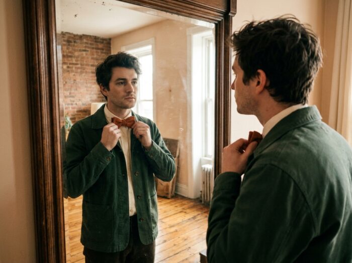 Jeune homme ajustant son nœud papillon rouille devant un miroir dans un appartement au style vintage et chaleureux