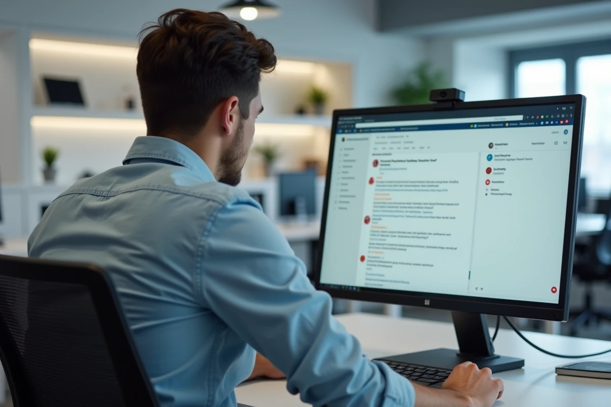 Jeune homme concentré sur son écran dans un espace de coworking