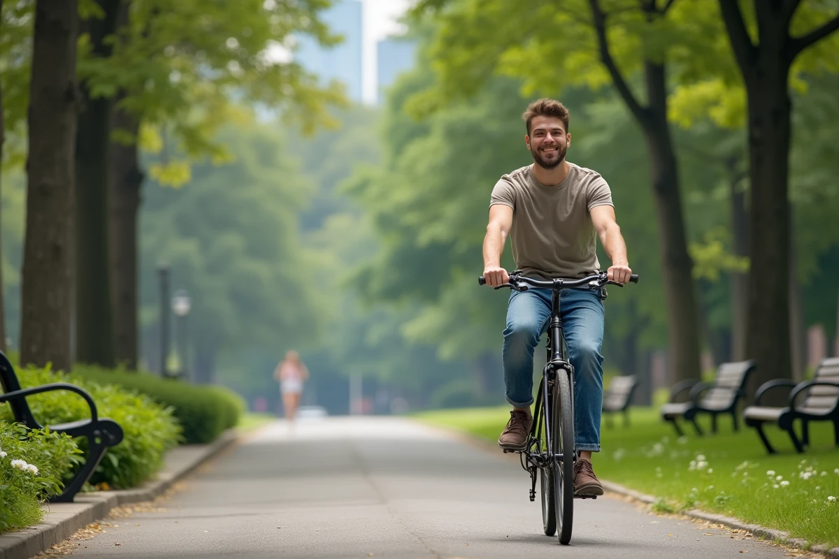 Jeune homme roulant à vélo dans un parc urbain
