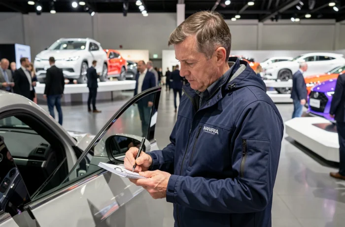 Journaliste automobile prenant des notes lors d'un salon de l'auto avec des concept cars en arrière-plan