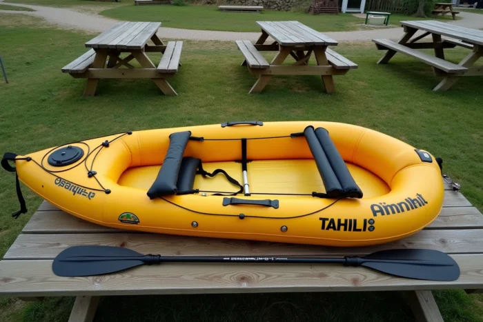 Vue à plat du kayak gonflable Sevylor Tahiti Plus dégonflé avec sa pompe, sa pagaie et son sac de transport sur une table en bois