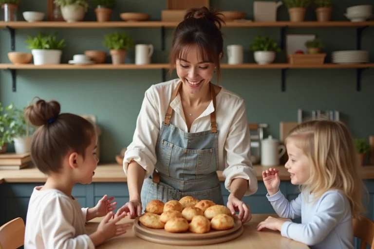 Maman souriante servant des pâtisseries aux enfants dans la cuisine