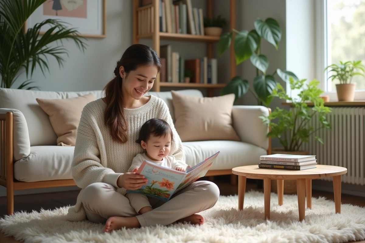 Maman détendue lisant un magazine avec son enfant à la maison