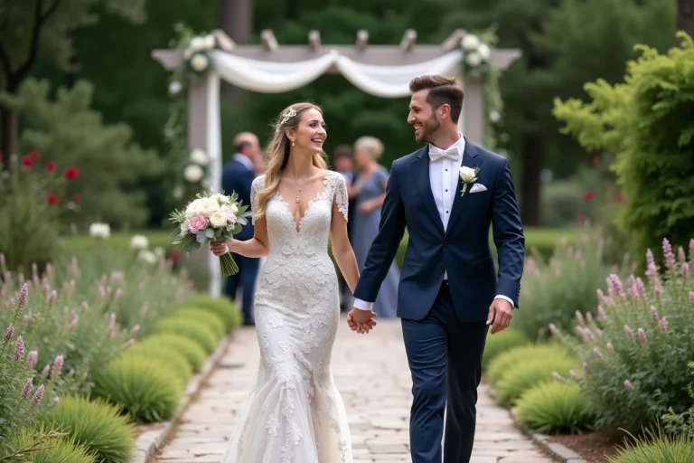 Jeune couple de mariés dans un jardin lors de leur mariage