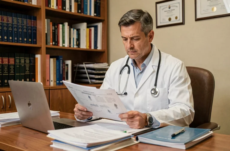 Médecin examinant des rapports cliniques controversés sur le GCA 2700 dans son cabinet médical