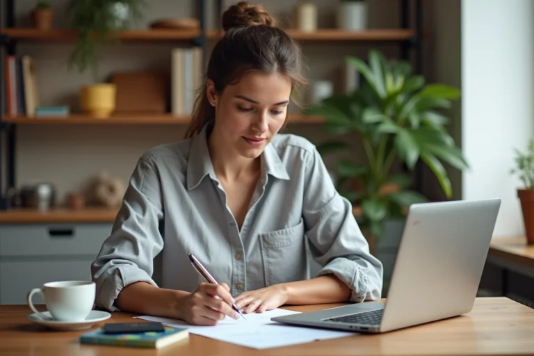Femme organisant ses vacances avec une liste de voyage manuscrite, un passeport et un ordinateur portable sur une table en bois
