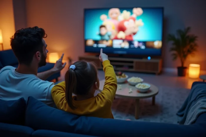 Père et enfant cherchant un dessin animé sur une application de streaming familiale