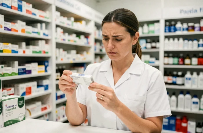 Pharmacienne lisant attentivement la notice d'un médicament GCA 2700 avec un regard critique