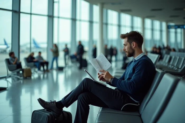 Homme vérifiant ses documents de voyage dans un salon d'aéroport moderne avant son départ en vacances