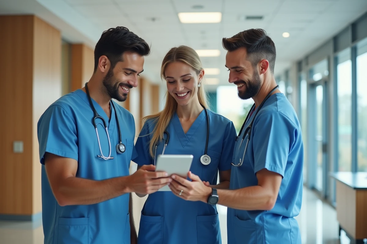 Professionnels de la santé collaborant autour d une tablette