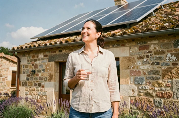 Propriétaire heureuse devant sa maison provençale équipée de panneaux solaires dans le Var