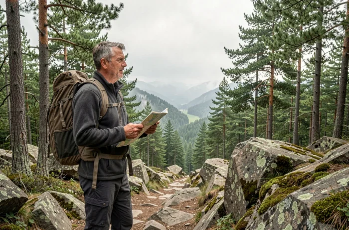 Randonneur observant un panorama forestier montagneux lors d'une escapade en pleine nature en 2024