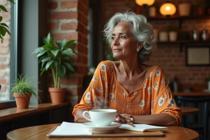 Femme afro-américaine sereine assise dans un café chaleureux avec un journal et une tasse de thé, évoquant la personnalité réfléchie et inspirante de Rebecca King-Crews