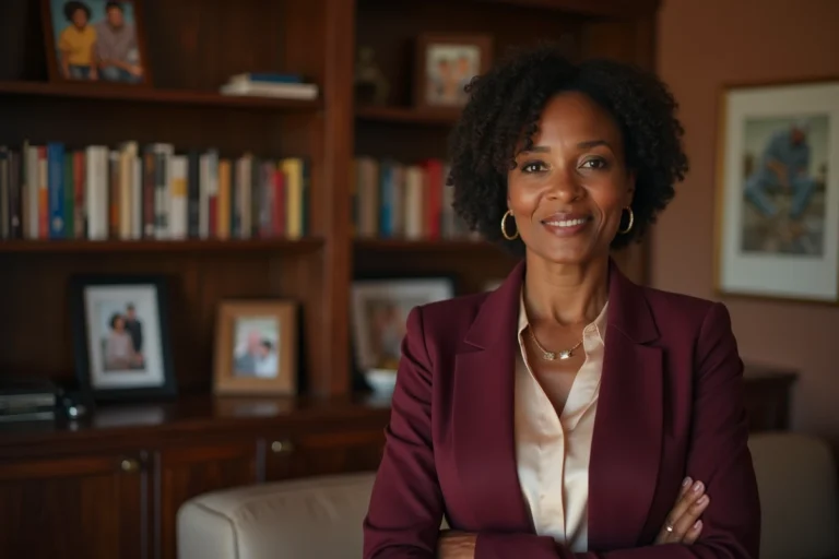 Femme afro-américaine élégante et inspirante posant dans une bibliothèque familiale chaleureuse, symbolisant le parcours de vie de Rebecca King-Crews
