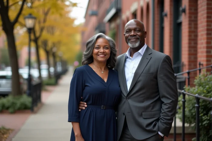 Couple afro-américain élégant posant devant un bâtiment en briques américain classique, illustrant l'histoire et le parcours commun de Rebecca King-Crews et Terry Crews
