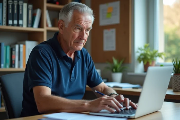 Homme retraité consultant une simulation de pension sur ordinateur dans son bureau à domicile avec des documents financiers