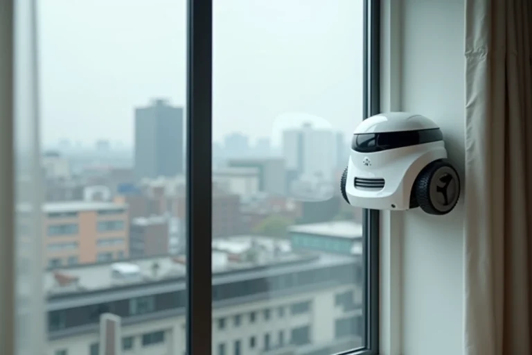 Robot lave-vitre fixé sur une grande fenêtre d'appartement moderne avec vue sur la ville