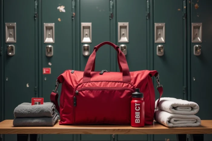 Sac Basic Fit rouge posé sur un banc dans un vestiaire de salle de sport avec accessoires de gym