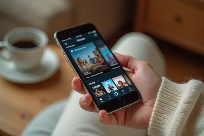 Gros plan d'un smartphone affichant une interface de streaming avec des films d'animation