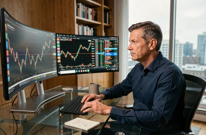 Trader particulier surveillant les cours de bourse en temps réel sur plusieurs écrans dans un bureau moderne