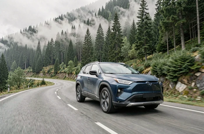 SUV électrique sur une route de montagne sinueuse entourée de forêt de pins et de brume matinale