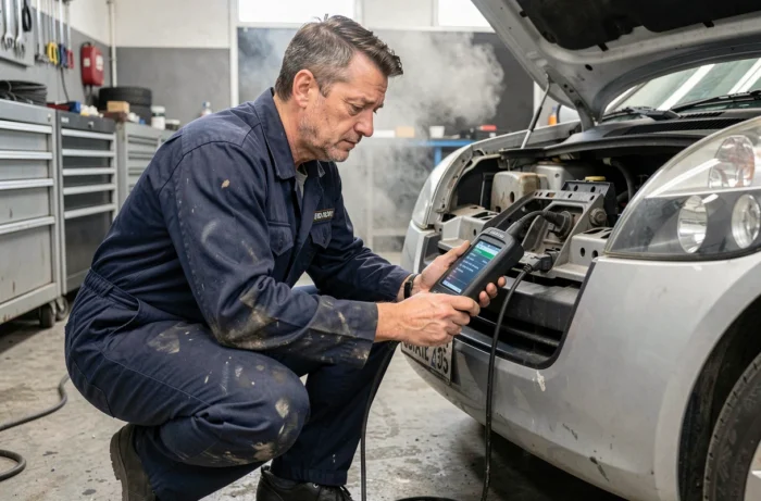 Technicien automobile qui lit un code défaut 1525f3 sur un scanner OBD branché à une Renault dans un garage professionnel