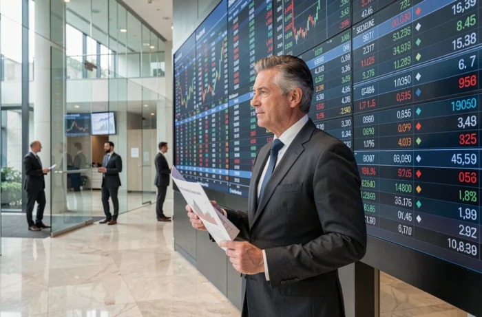 Professionnel de la finance analysant les tendances boursières sur un grand tableau d'affichage numérique en temps réel